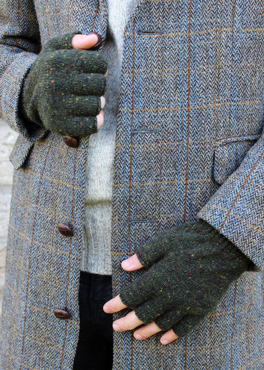 Donegal flecked wool fingerless mens gloves in ivy. Scottish Textiles Showcase.