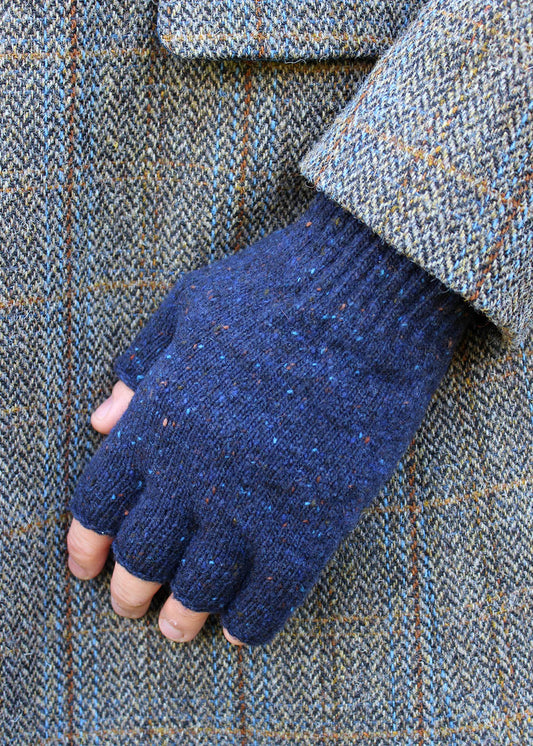 Donegal flecked wool fingerless mens gloves in navy. Scottish Textiles Showcase.