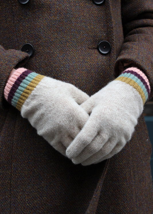 Oat colour gloves with mutlicolour stripe cuff. Scottish Textiles Showcase.