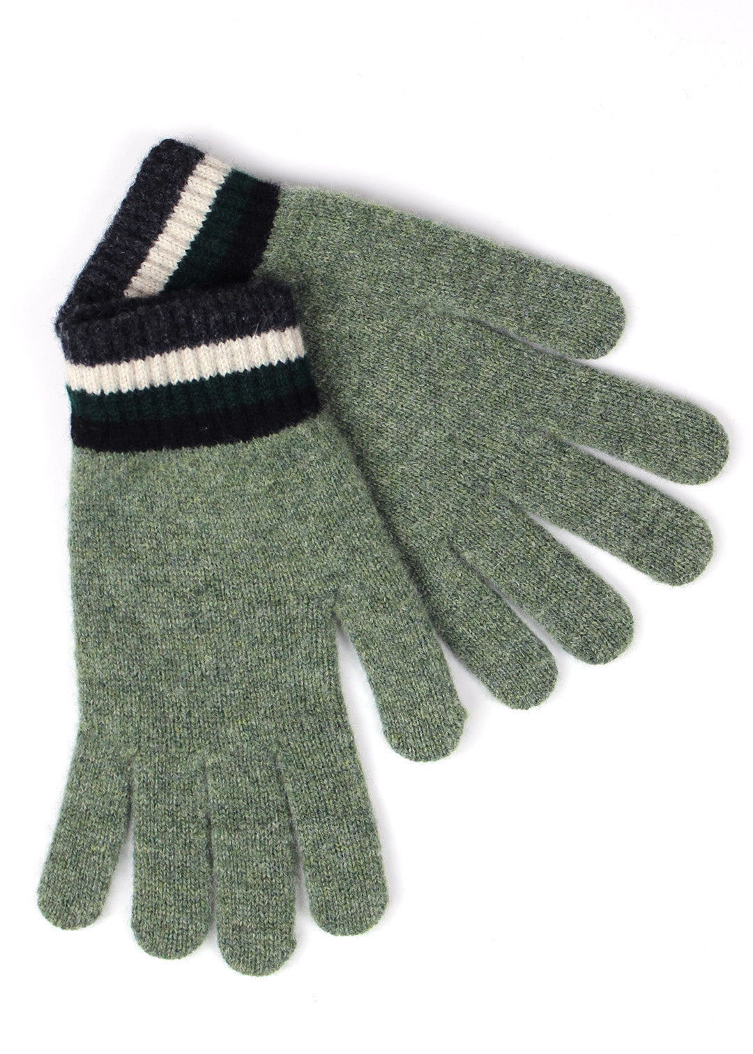 Sage colour gloves with mutlicolour stripe cuff. Scottish Textiles Showcase.