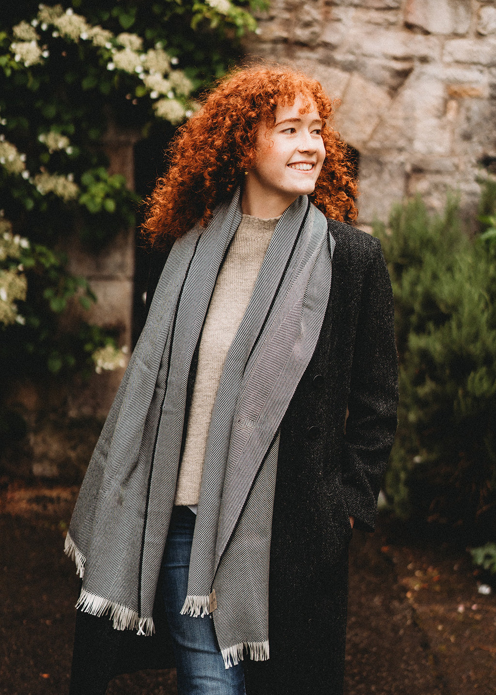 Silk & cashmere stole in graphite and ivory herringbone.