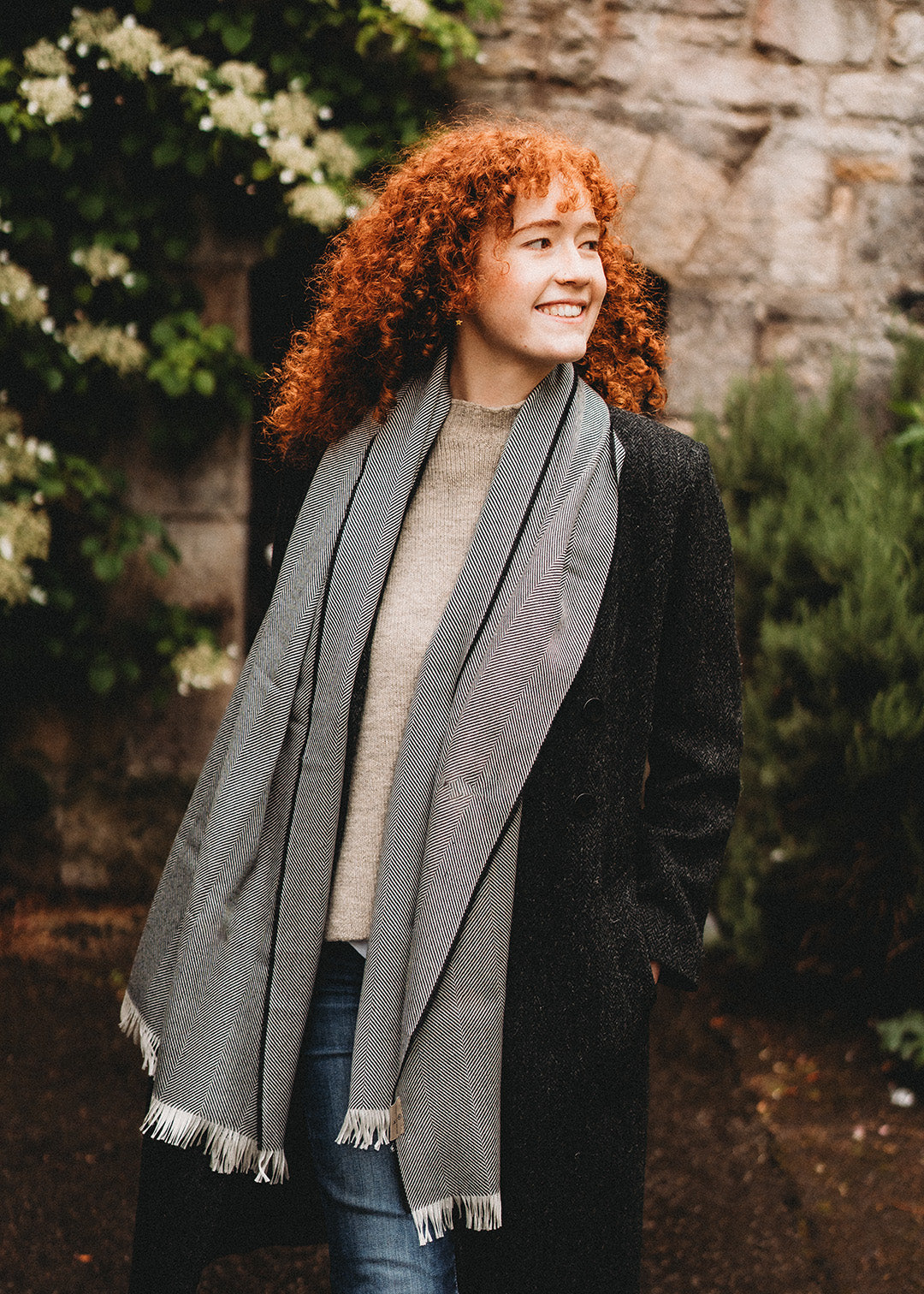 Silk & cashmere stole in graphite and ivory herringbone.
