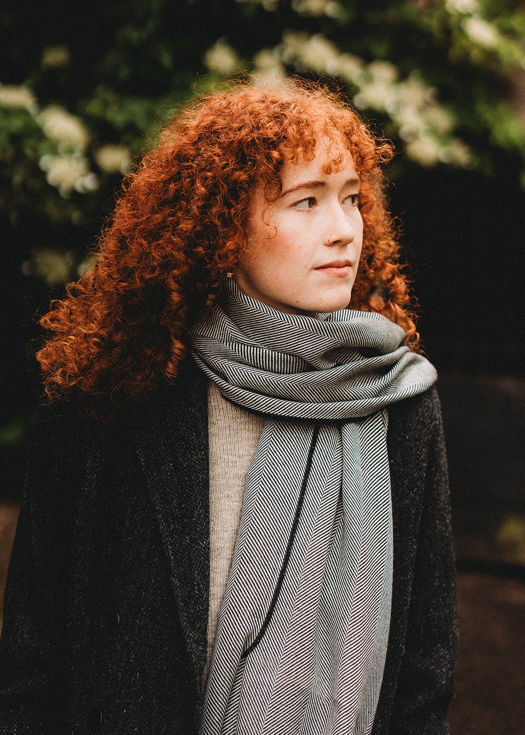 Silk & cashmere stole in graphite and ivory herringbone.
