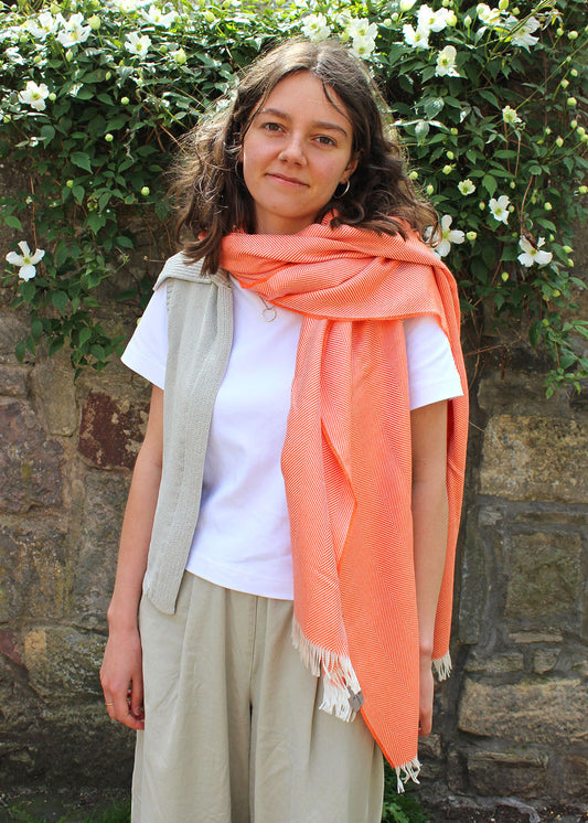 Kinalba Marquee stole in shade tangerine. Scottish textiles showcase