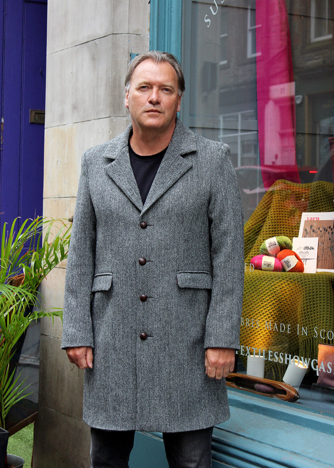 Mens Harris tweed coat in grey herringbone, Scottish textiles showcase