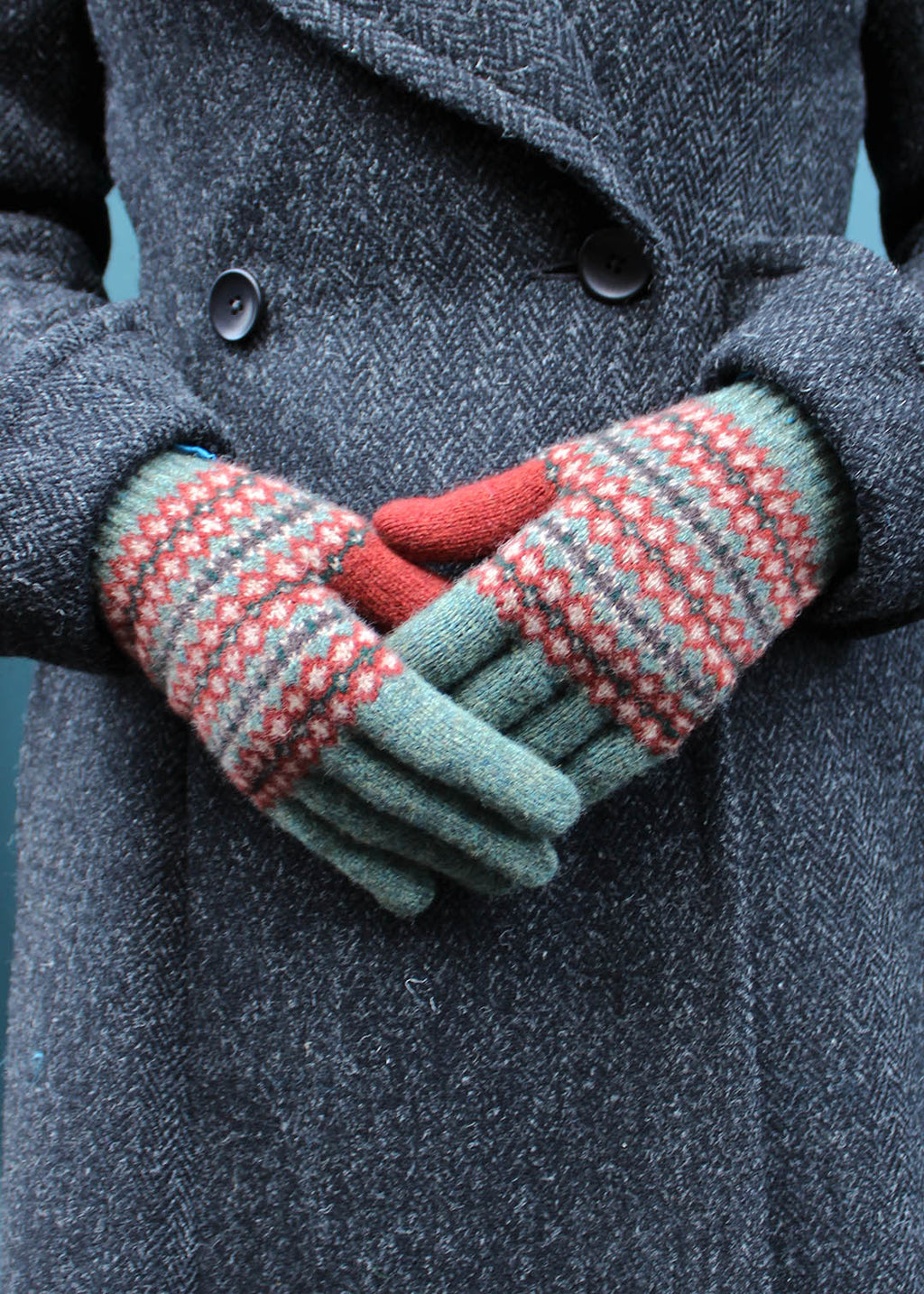 Lambswool gloves in green and red fairisle pattern.