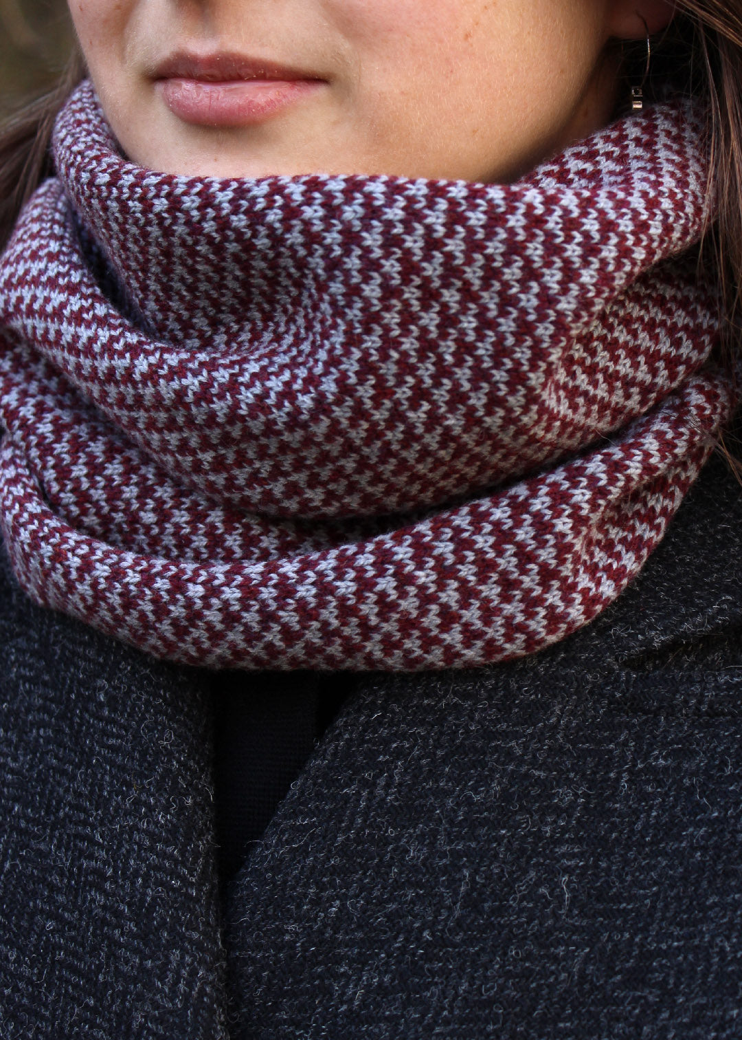 Merino lambswool neck warmer in burgundy and pale grey with a design inspired by the Hebridean sea on the crossing to the Isle of Harris.