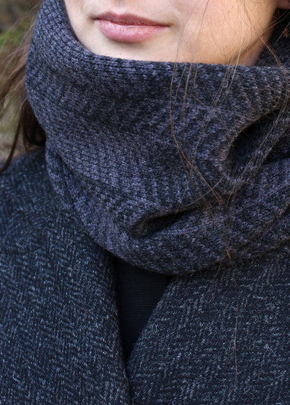 Merino lambswool neck warmer in shades of charcoal grey with a design inspired by the glass roof of Waverley Railway Station in Edinburgh.