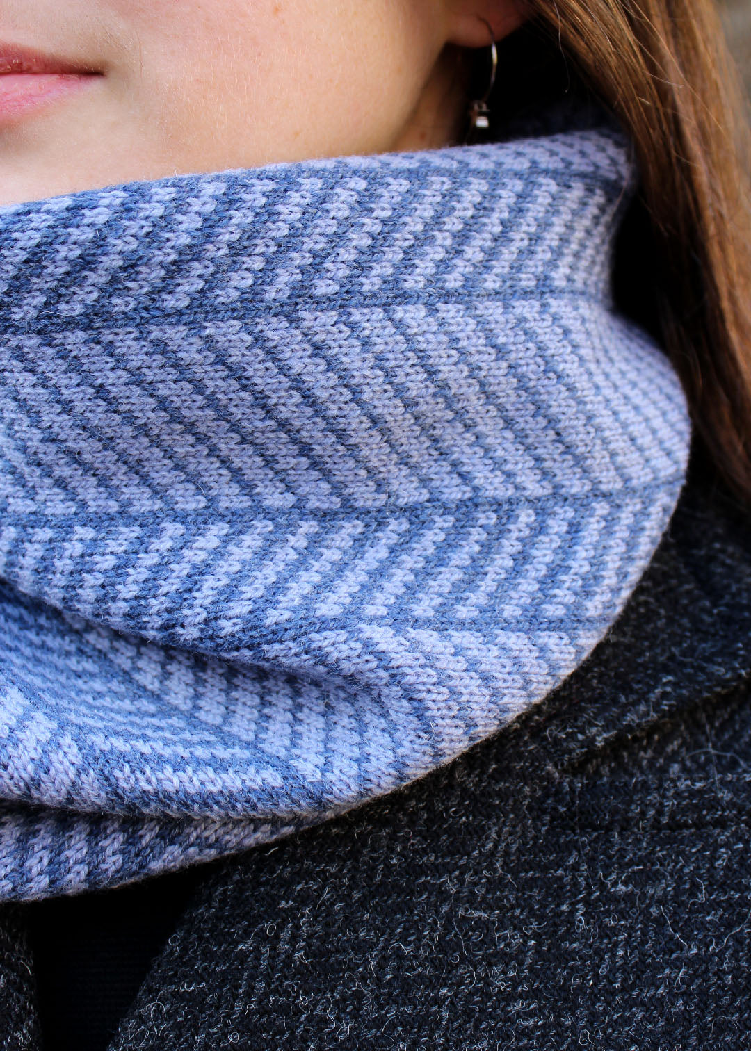 Merino lambswool neck warmer in shades of blue-grey with a design inspired by the glass roof of Waverley Railway Station in Ed