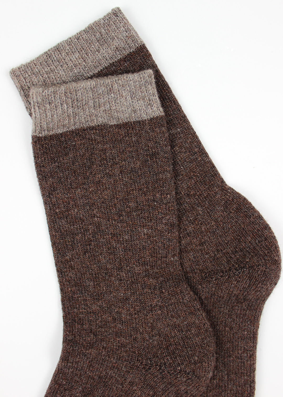 Dark brown lambswool socks knitted in Scotland, with contrast trim.