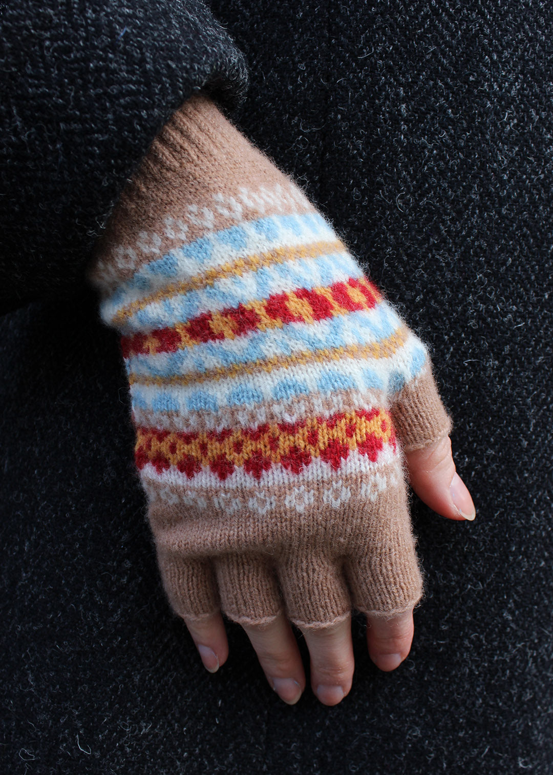 Lambswool fair isle gloves in fawn colourway. Scottish Textiles Showcase.