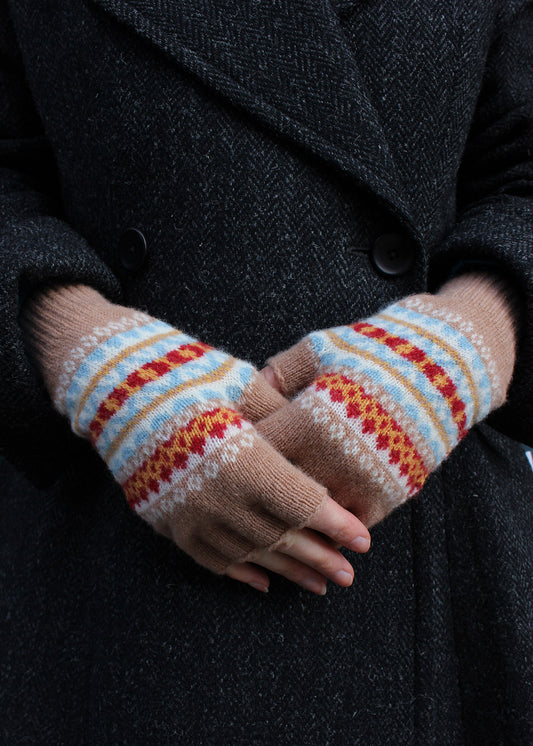 Lambswool fair isle gloves in fawn colourway. Scottish Textiles Showcase.