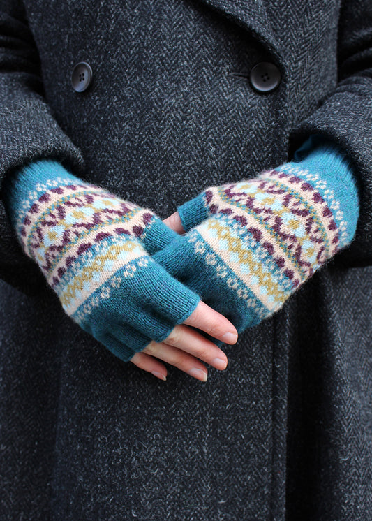 Lambswool fair isle gloves in teal colourway. Scottish Textiles Showcase.