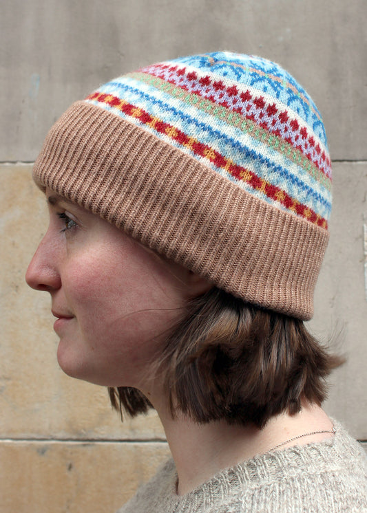 Lambswool fair isle hat in fawn colourway. Scottish Textiles Showcase.