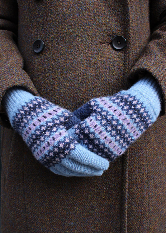 Lambswool fair isle gloves in bluebell colourway. Scottish Textiles Showcase.