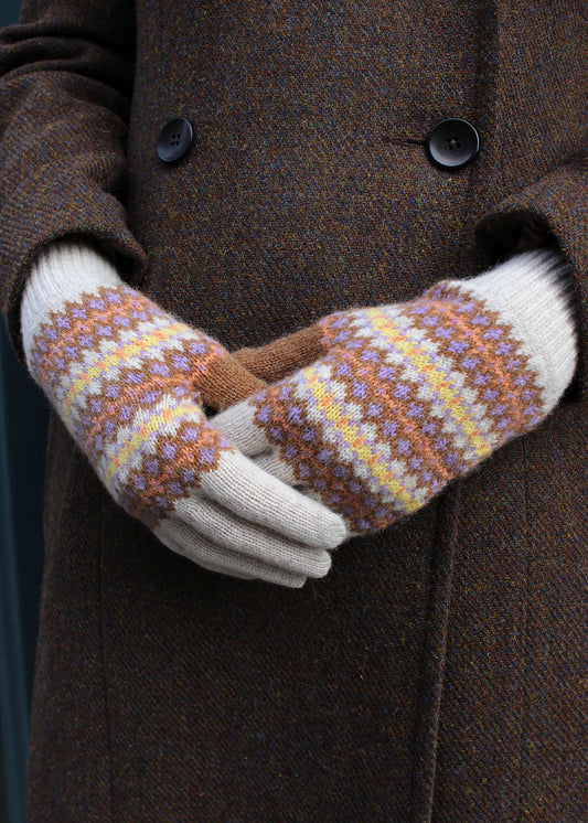 Lambswool fair isle gloves in honey colourway. Scottish Textiles Showcase.