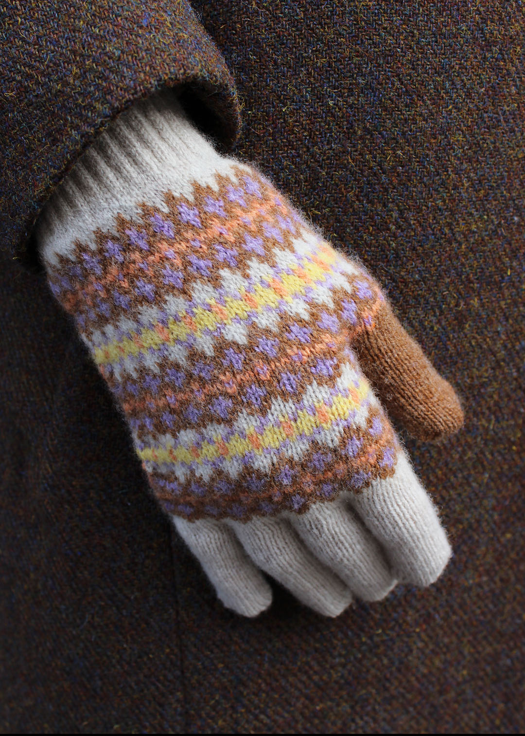 Lambswool fair isle gloves in honey colourway. Scottish Textiles Showcase.