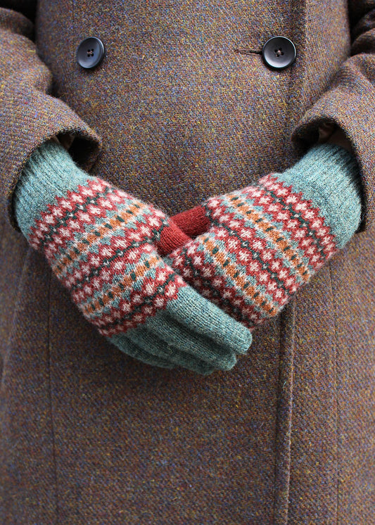 Lambswool fair isle gloves in rosemary colourway. Scottish Textiles Showcase.