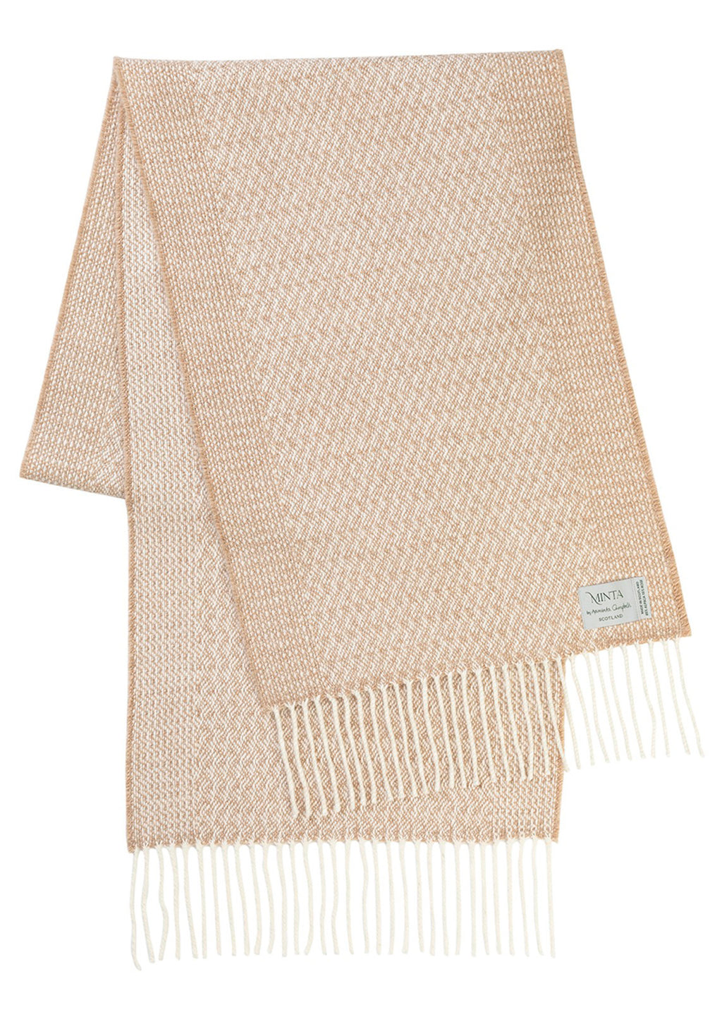 Un-dyed alpaca scarf in warm caramel and off-white, woven in an intricate rippling barley design.