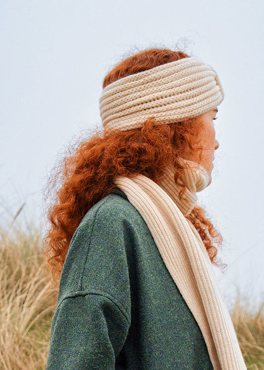 Cashmere headband Ivory on model with matching scarf. Scottish Textiles Showcase.