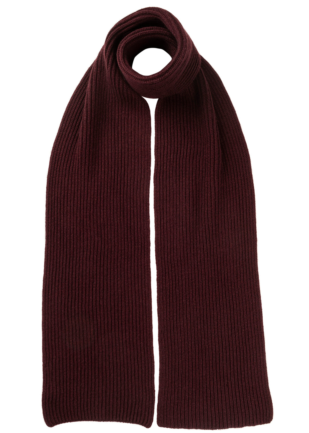 100% cashmere ribbed scarf in maroon kirsch colour. Scottish Textiles Showcase.