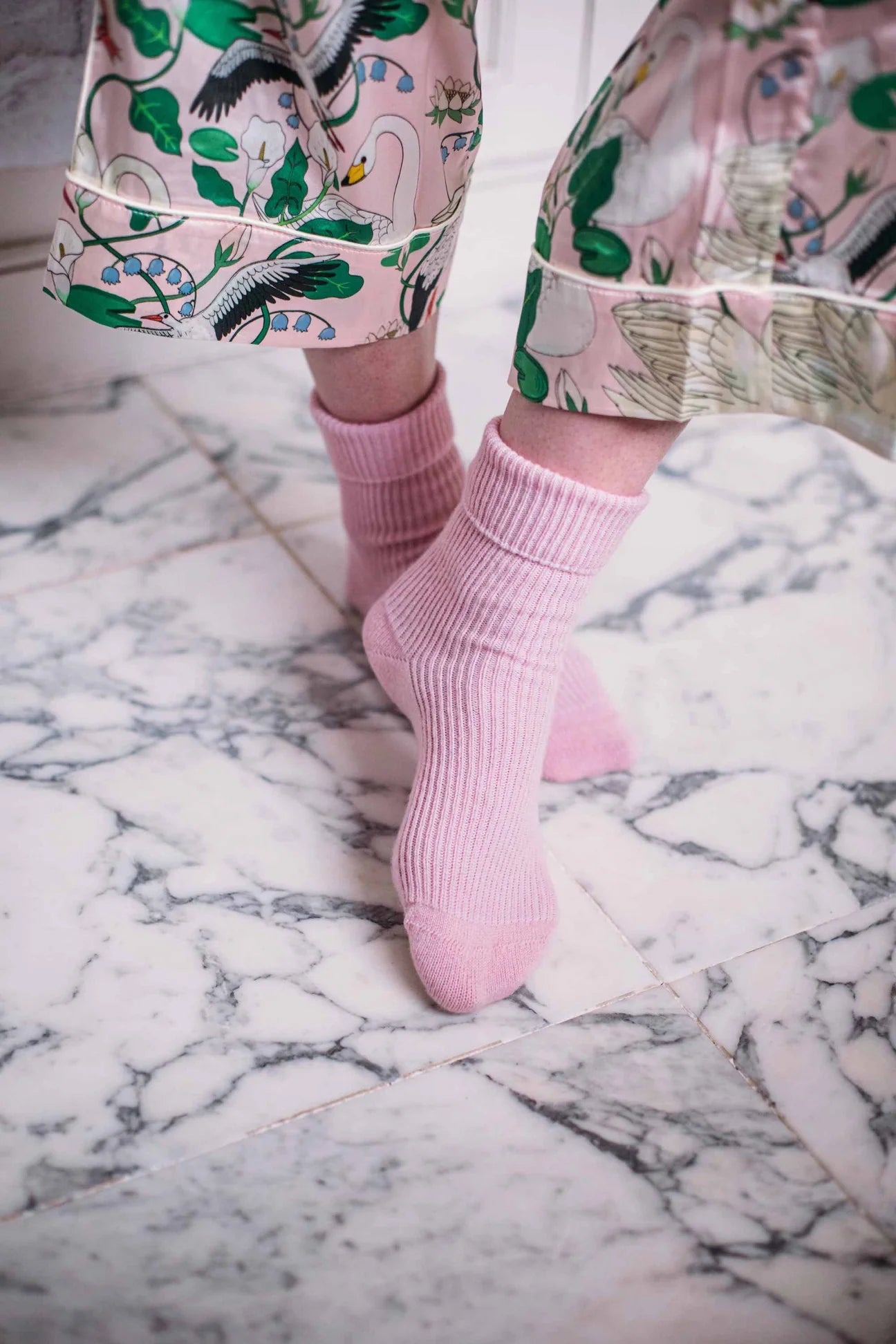 Cashmere bed socks in rose pink shade designed and made in Scotland