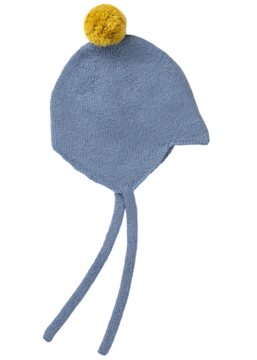 Cashmere baby bonnet in dusky blue with a yellow pom pom.