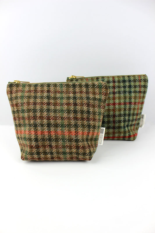 Checked Tweed small make-up bag in Brown and Green Check. Scottish Textiles Showcase.