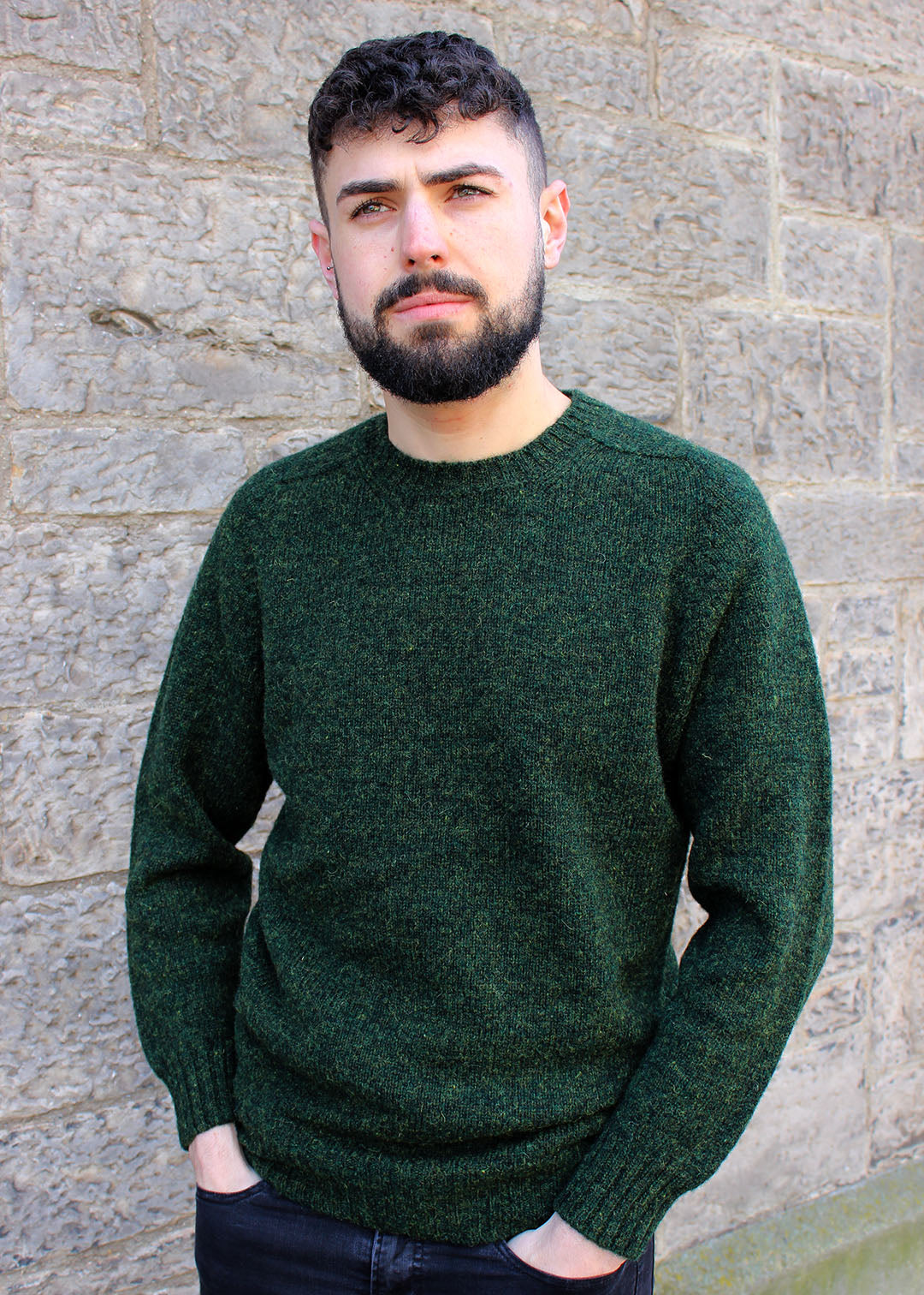 Shetland wool jumper in pine colourway. Scottish Textiles Showcase.