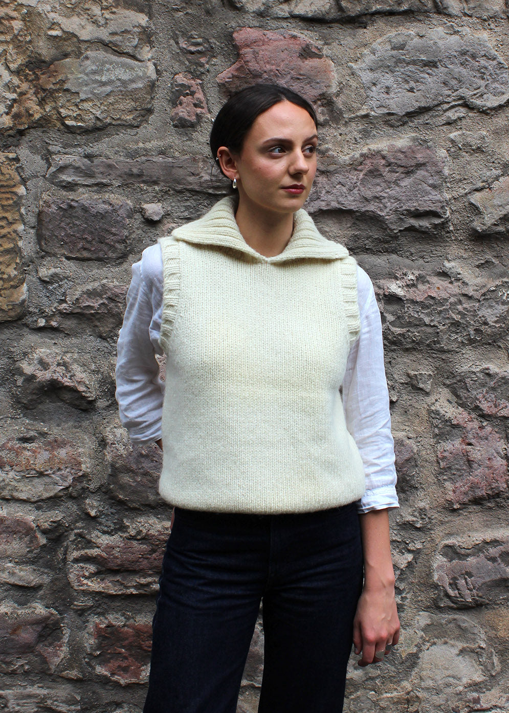 Chunky shetland vest in cream white.