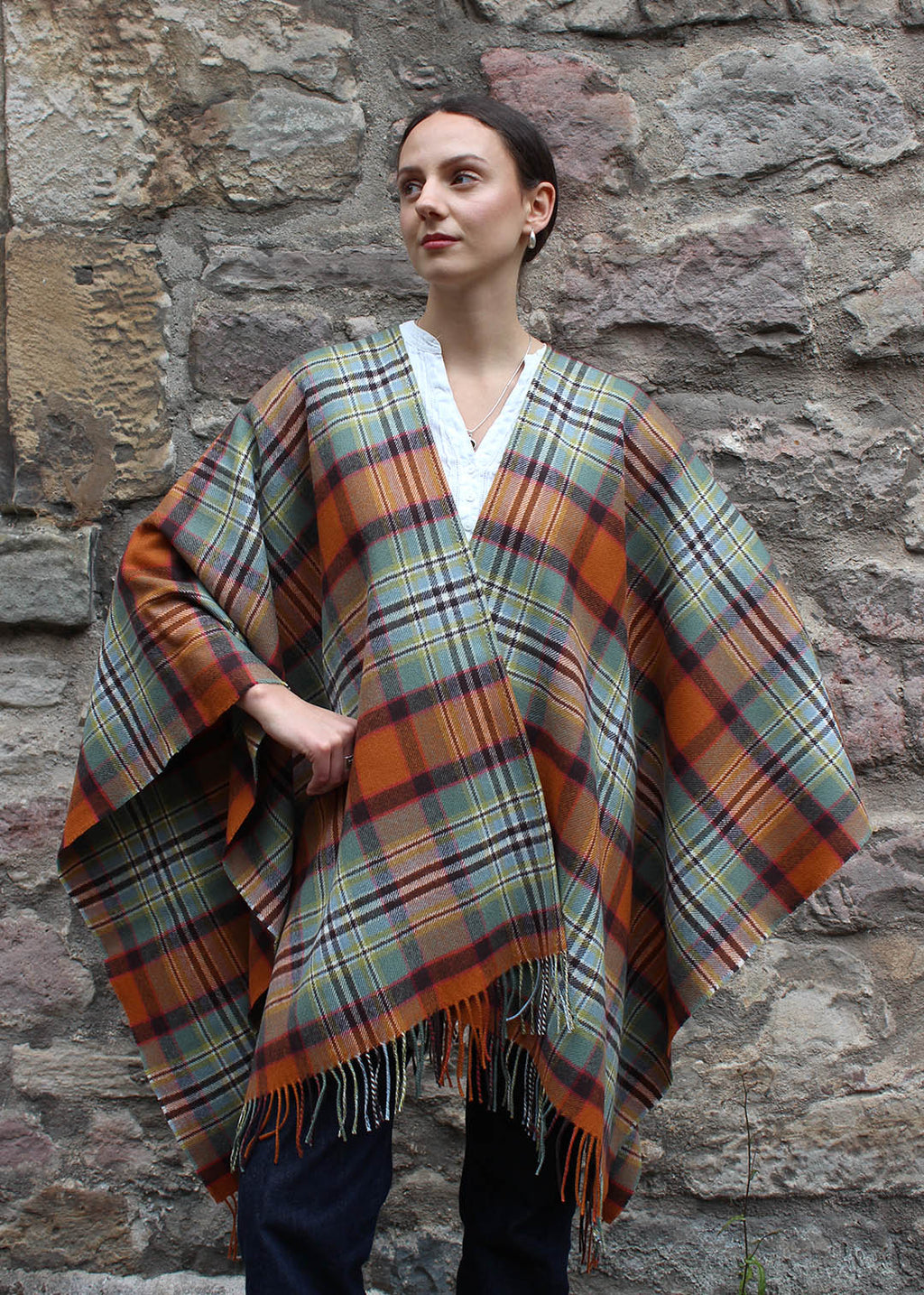 Lambswool serape in Dundee old weathered tartan. 