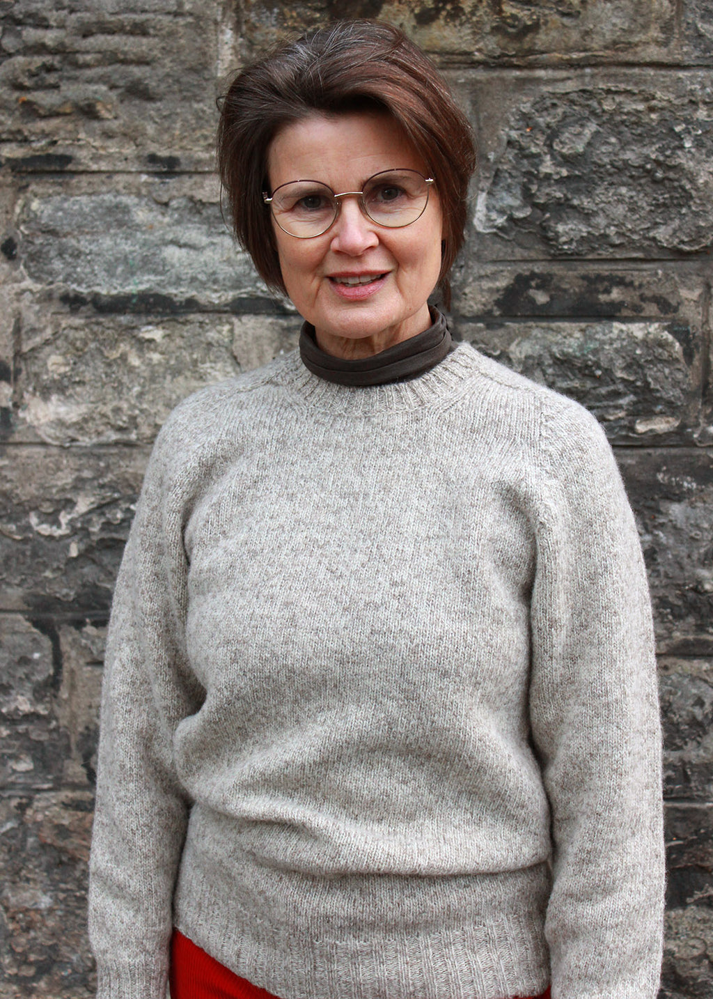 Shetland Jumper Oatmeal shown on model. Scottish Textiles Showcase