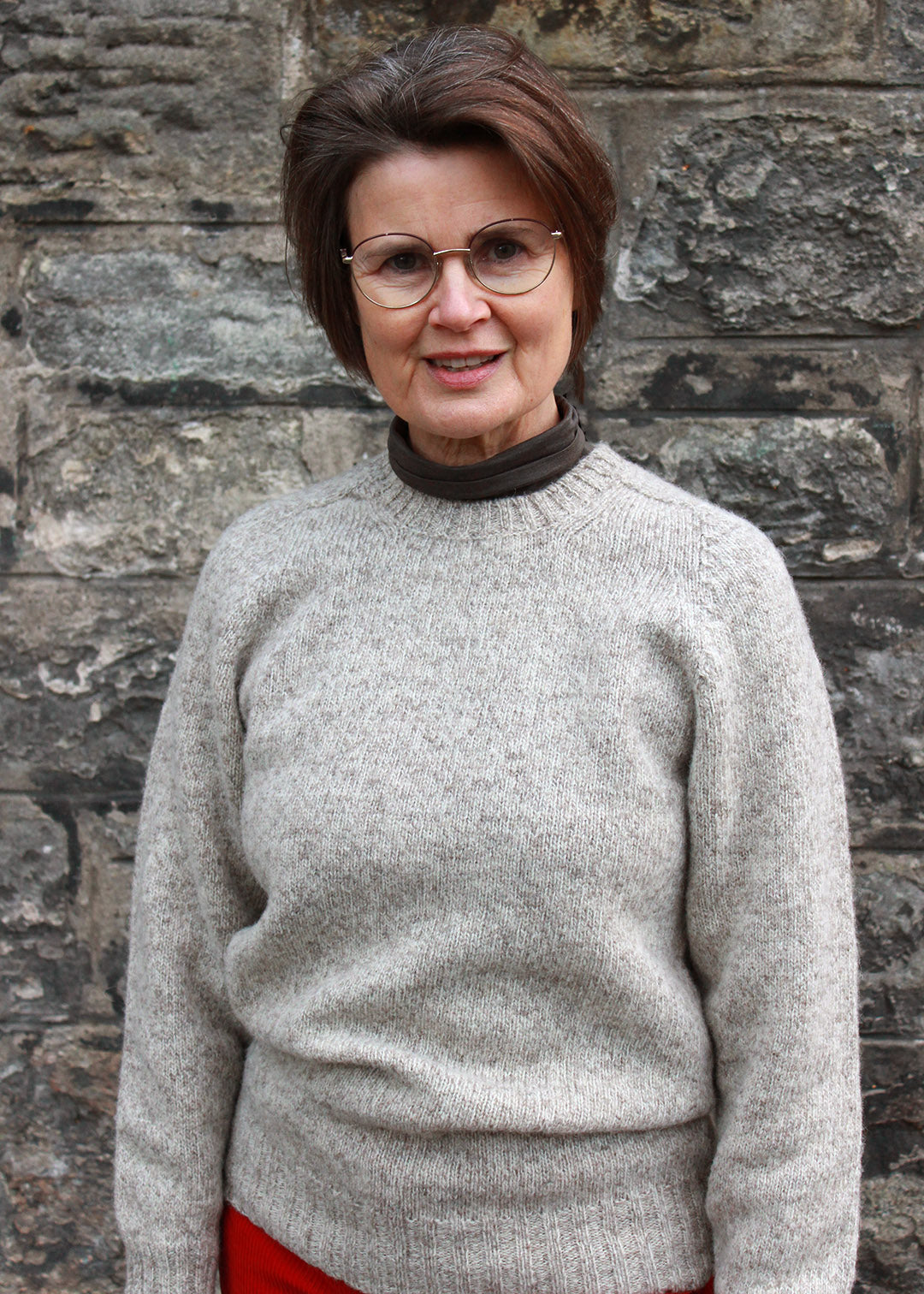 Shetland Jumper Oatmeal shown on model. Scottish Textiles Showcase
