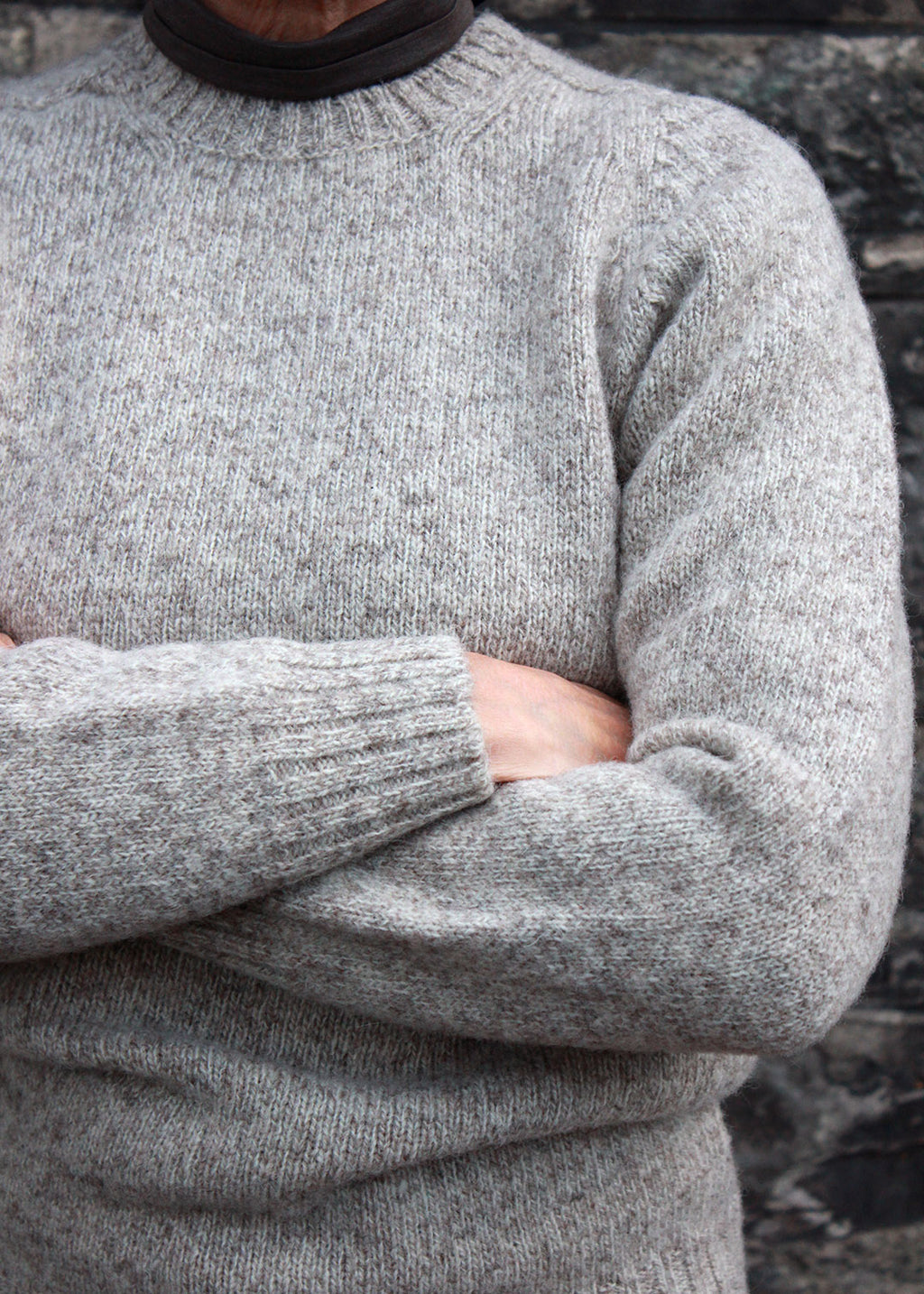 Shetland Jumper Oatmeal shown on model. Scottish Textiles Showcase