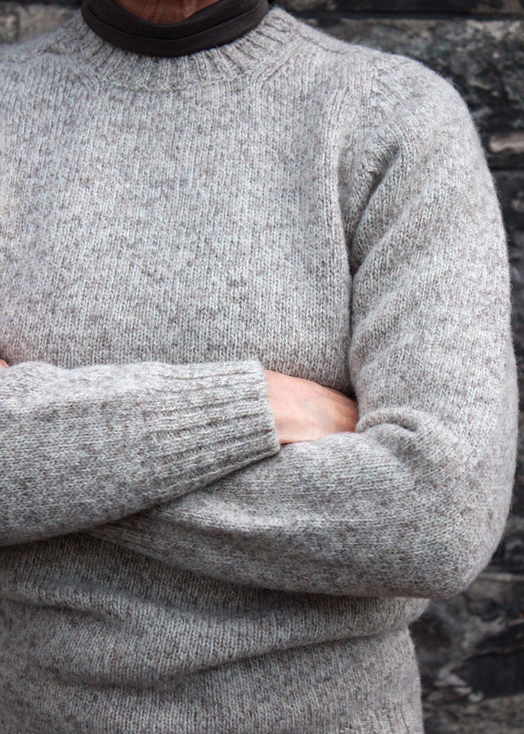Shetland Jumper Oatmeal shown on model. Scottish Textiles Showcase