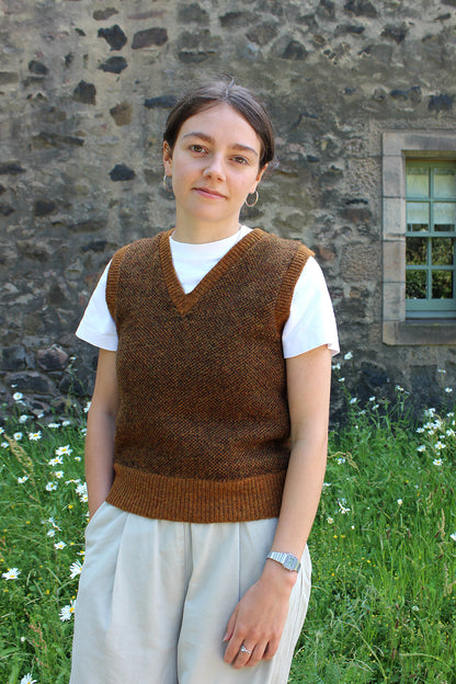 Shetland knitted tank top in burnt umber, with a v-neck.