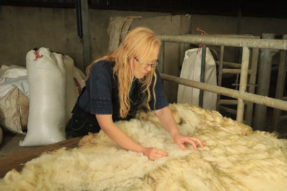Knitter Alison Rendall sorting and grading Shetland wool.