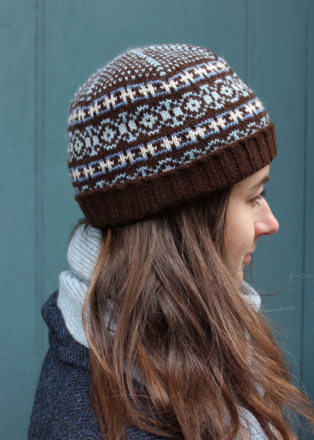 Shetland fair isle brown and blue hat. Scottish Textiles Showcase.
