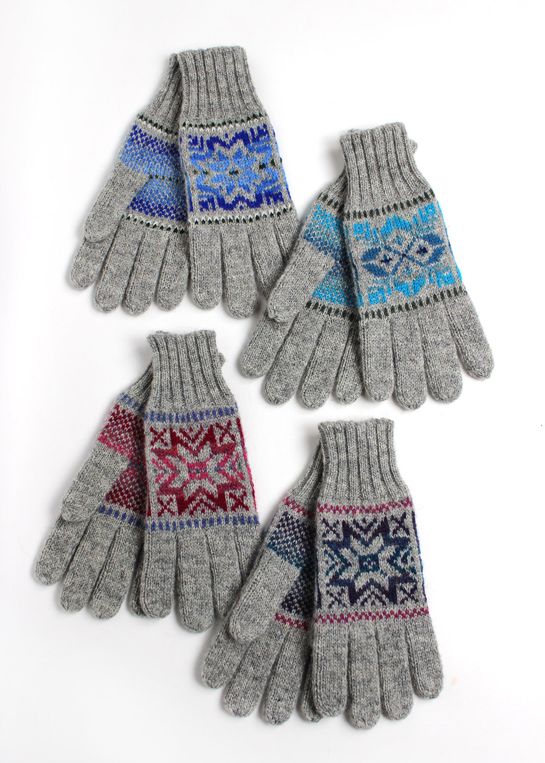 Grey Fair Isle knitted gloves.