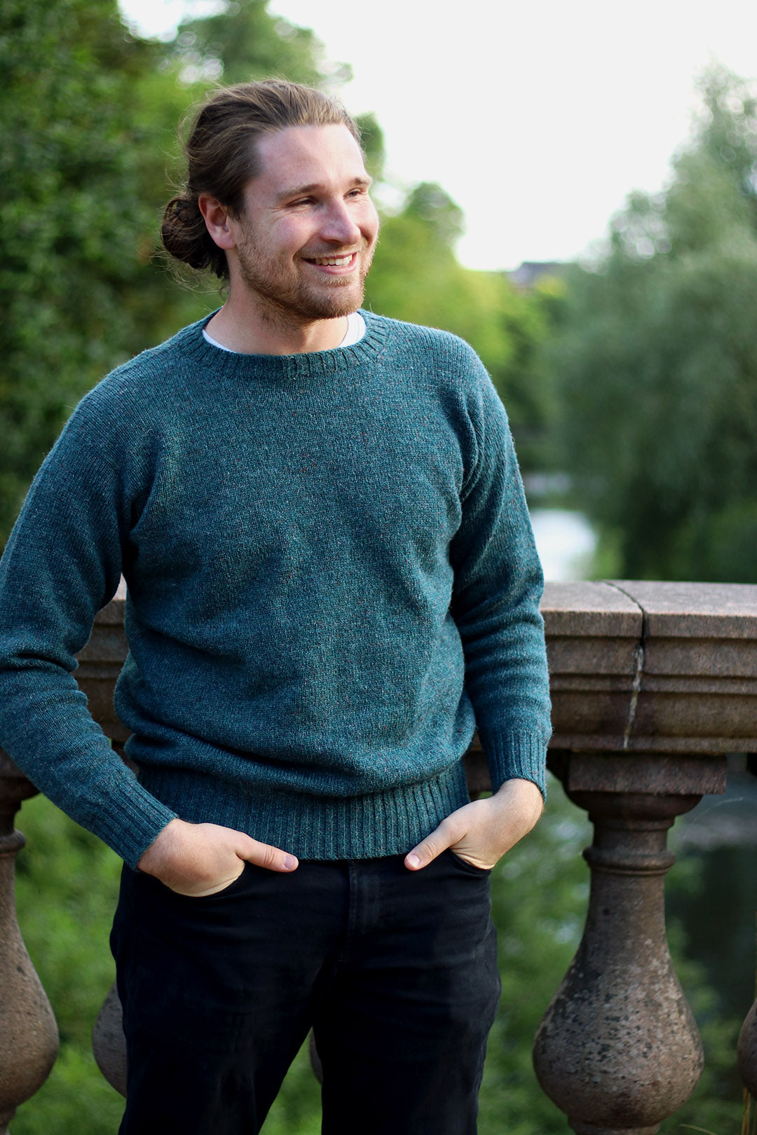 Made from authentic Shetland sheep wool from Jamieson's of Shetland, this beautifully knitted crew neck jumper comes in an ocean turquoise with subtle warm tones when looked at closely. Exclusive to the Scottish Textiles Showcase.