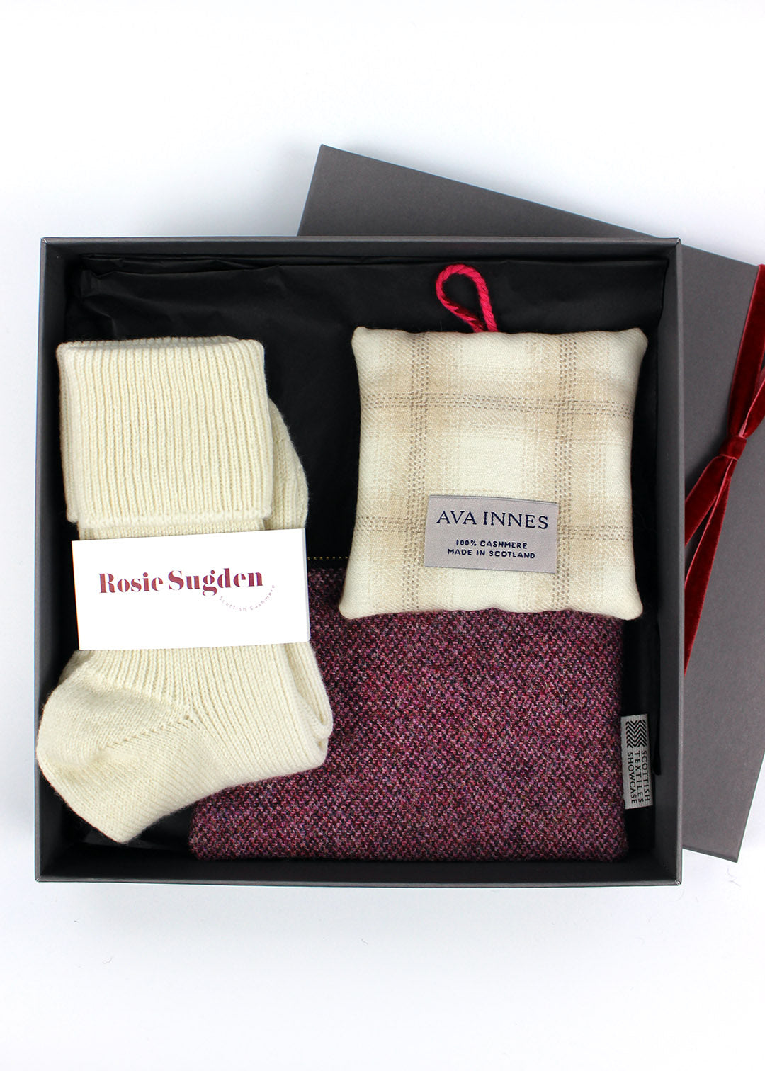 Valentines gift set with cashmere socks, lavender hanger and tweed purse. Scottish Textiles Showcase.