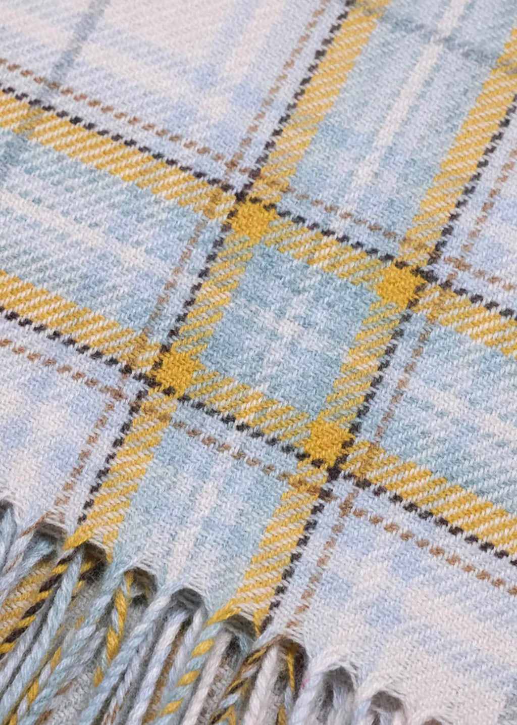 Merino wool baby blanket woven with white, pale blue and yellow.