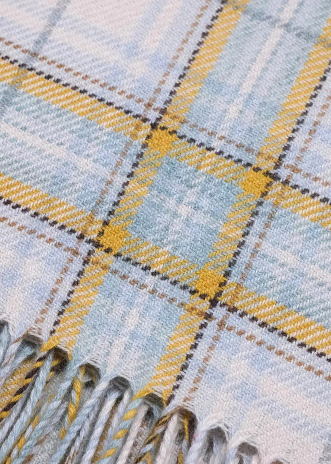 Merino wool baby blanket woven with white, pale blue and yellow.