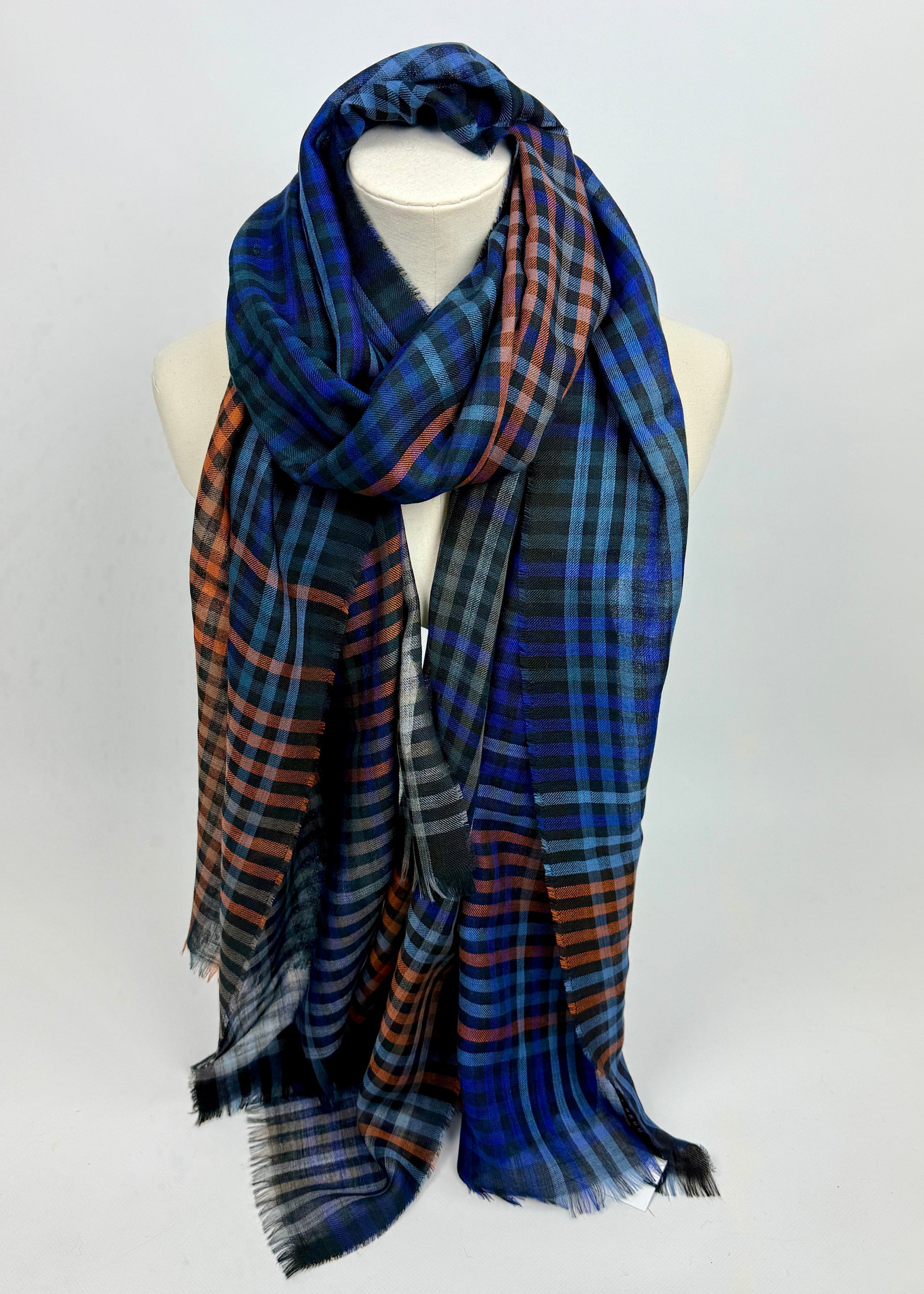 lightweight cashmere scarf in blue and orange check
