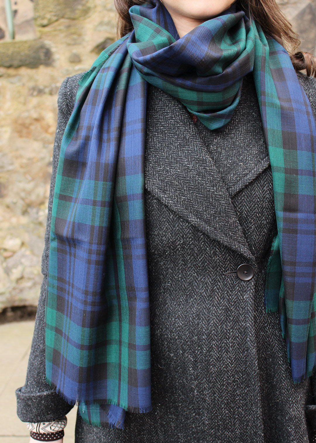 Alba Stole is woven in extra fine merino wool in the Black Watch Modern tartan