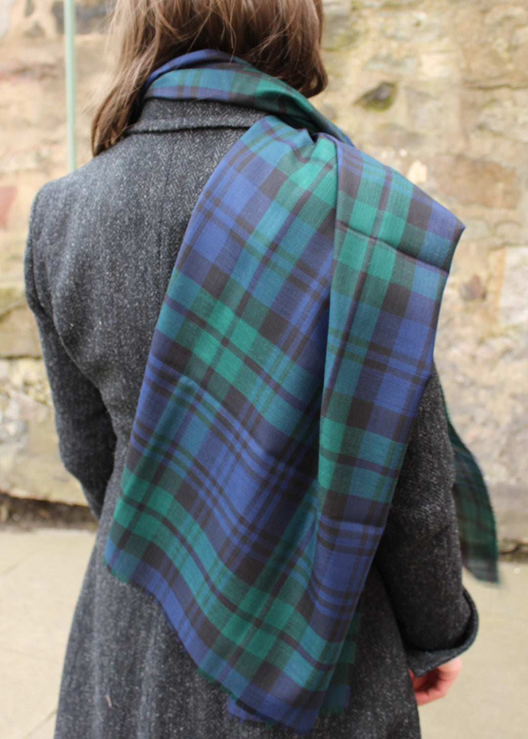Alba Stole is woven in extra fine merino wool in the Black Watch Modern tartan