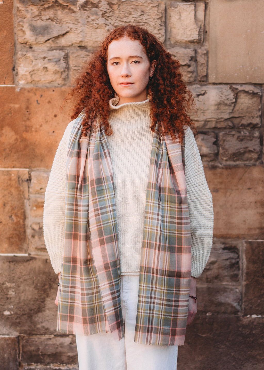 Alba Stole woven in extra fine merino wool in the Dundee Rose tartan.