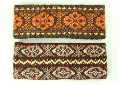 Hand knitted Fair Isle headband in shades of brown and orange, made exclusively for the Scottish Textiles Showcase.