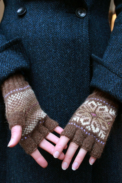 Hand knitted Fair Isle fingerless gloves in shades of brown, made exclusively for Scottish Textiles Showcase. 