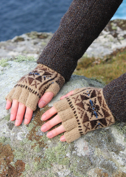 Shetland Fair Isle Fingerless Gloves Beige